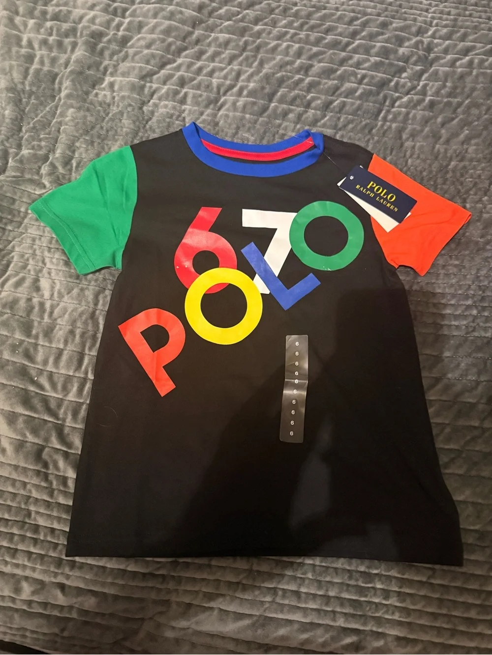 Ralph Lauren Black Tee with Multicolor Logo and Colorblock Sleeves